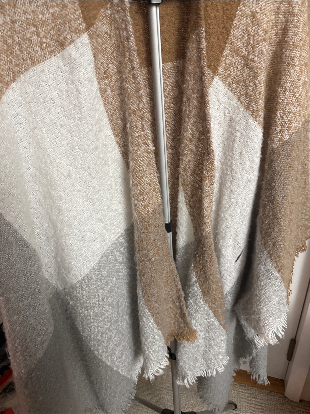 Open-Front windowpane Colorblock Shawl poncho Camel, Cream & Gray OS cottagecore - Picture 6 of 10